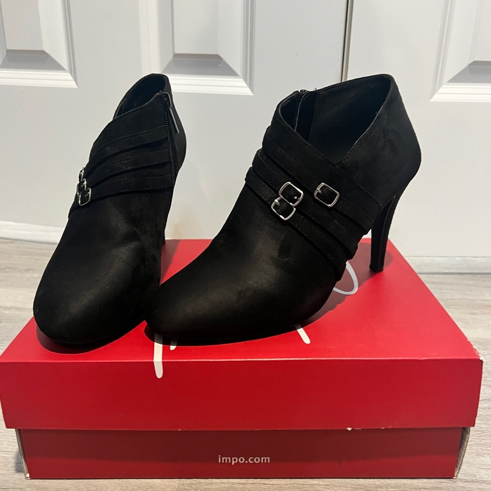 Impo - Chic Black Heeled Ankle Boots with Buckle Detail